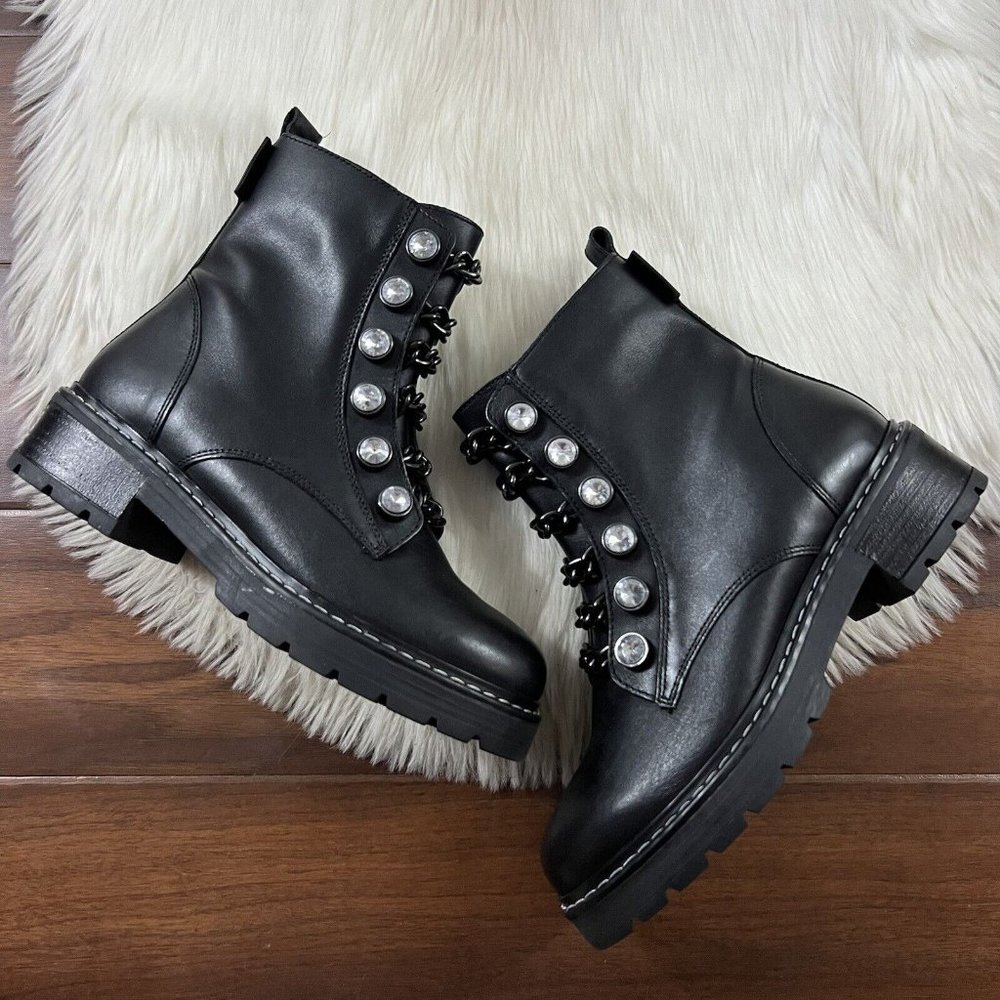 Kurt Geiger Size 37 / 7 Black Leather Chain Crystal Bax Bootie Boots